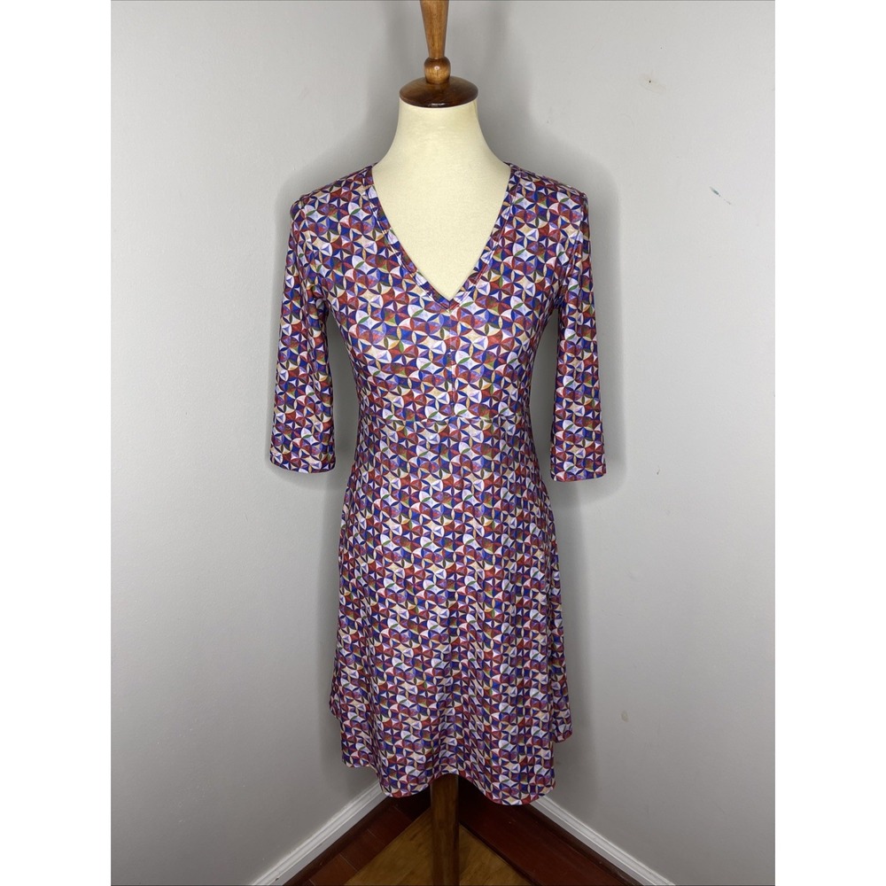 NUU MUU Geometric Print V-Neck 3/4 Sleeve Stretch Dress Size XS‎